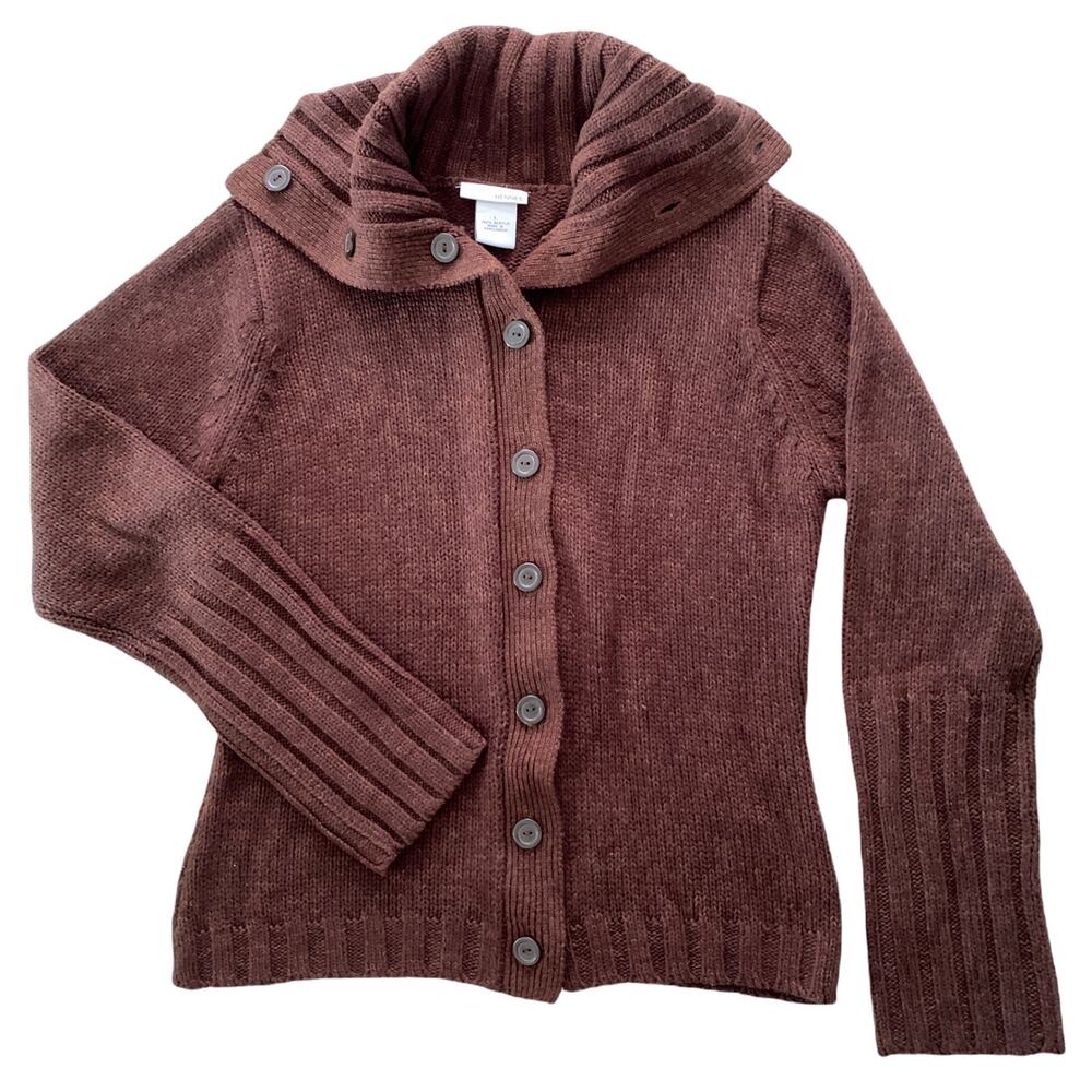 Hennes Women's Cardigan Sweater Large Brown Collared Warm Long Sleeve Knit